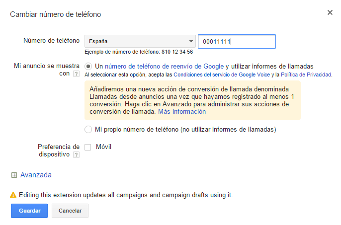 Extension de llamada en AdWords